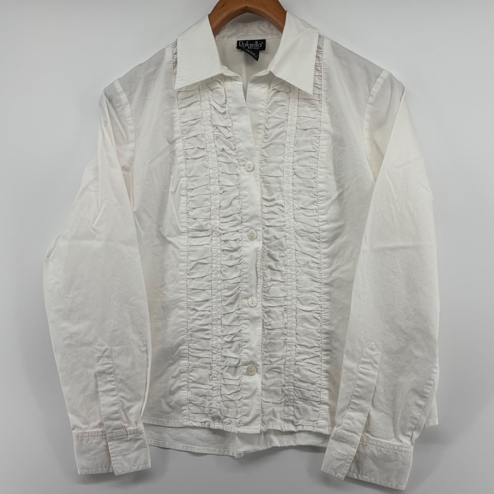 White Ruffle Front Embroider Button Down Shirt 12P Long Sleeve Petite Victorian - Picture 3 of 11